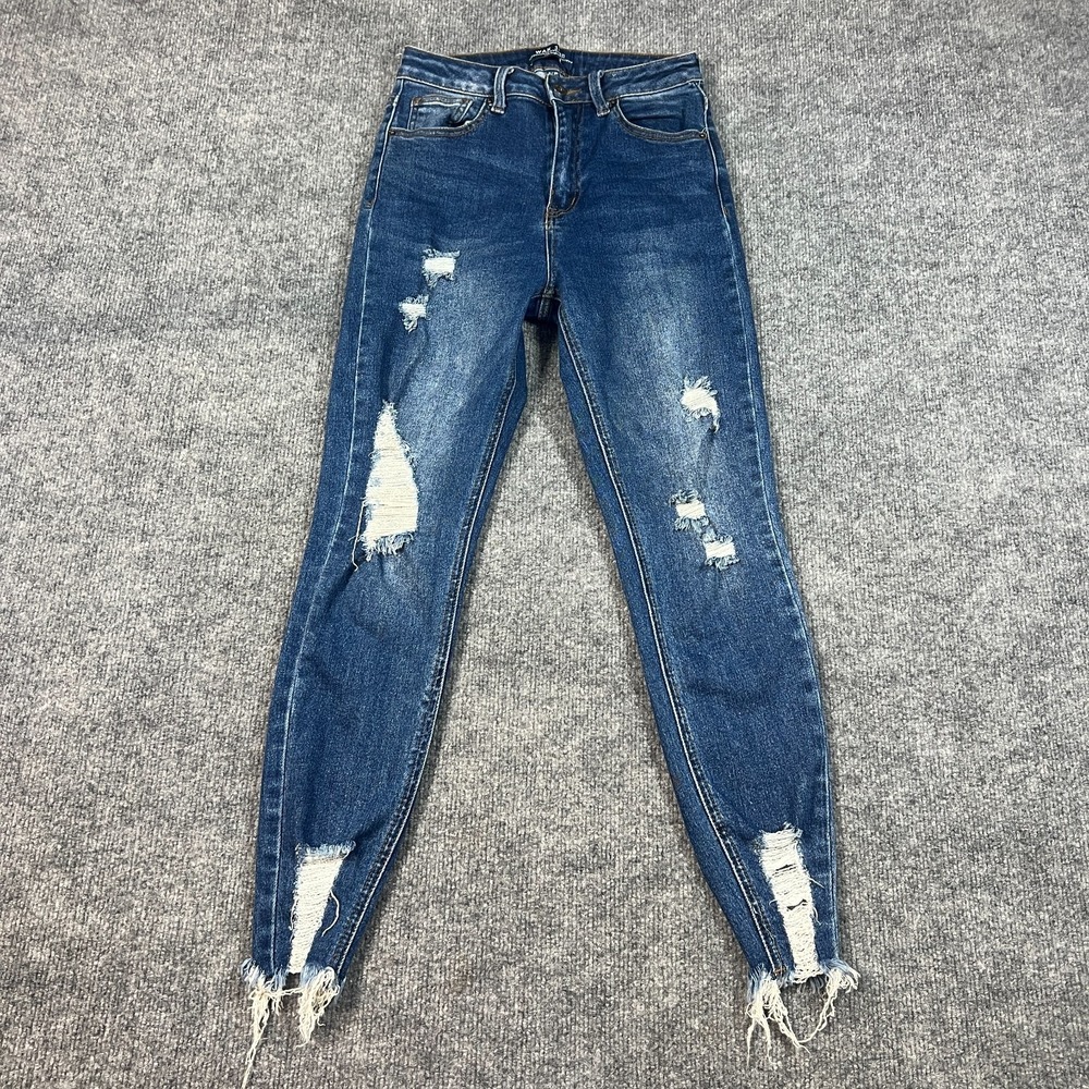 Wax Jean Women 3/26 Blue Denim Cotton High Rise Skinny Leg Distressed Frayed Hem